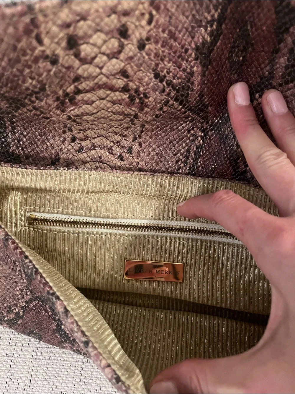 Lauren Merlin Leather Python Embossed Foldover Clutch in Brown and Tan